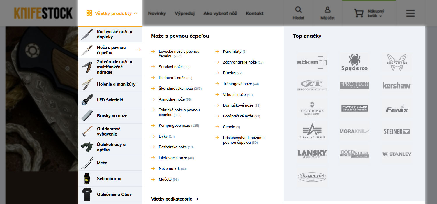 guide d'achat sur knifestock.sk - menu principal